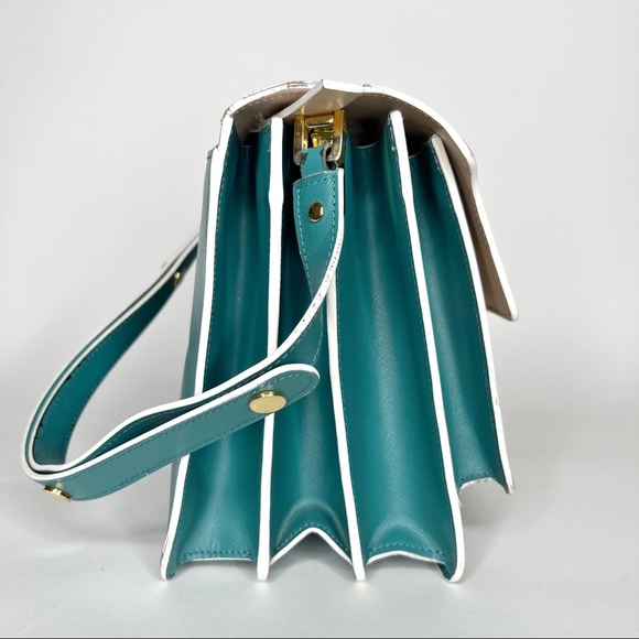 Marni Large Accordion Shoulder Bag Cream Teal Trunk Purse Leather Flap Front - Picture 3 of 13